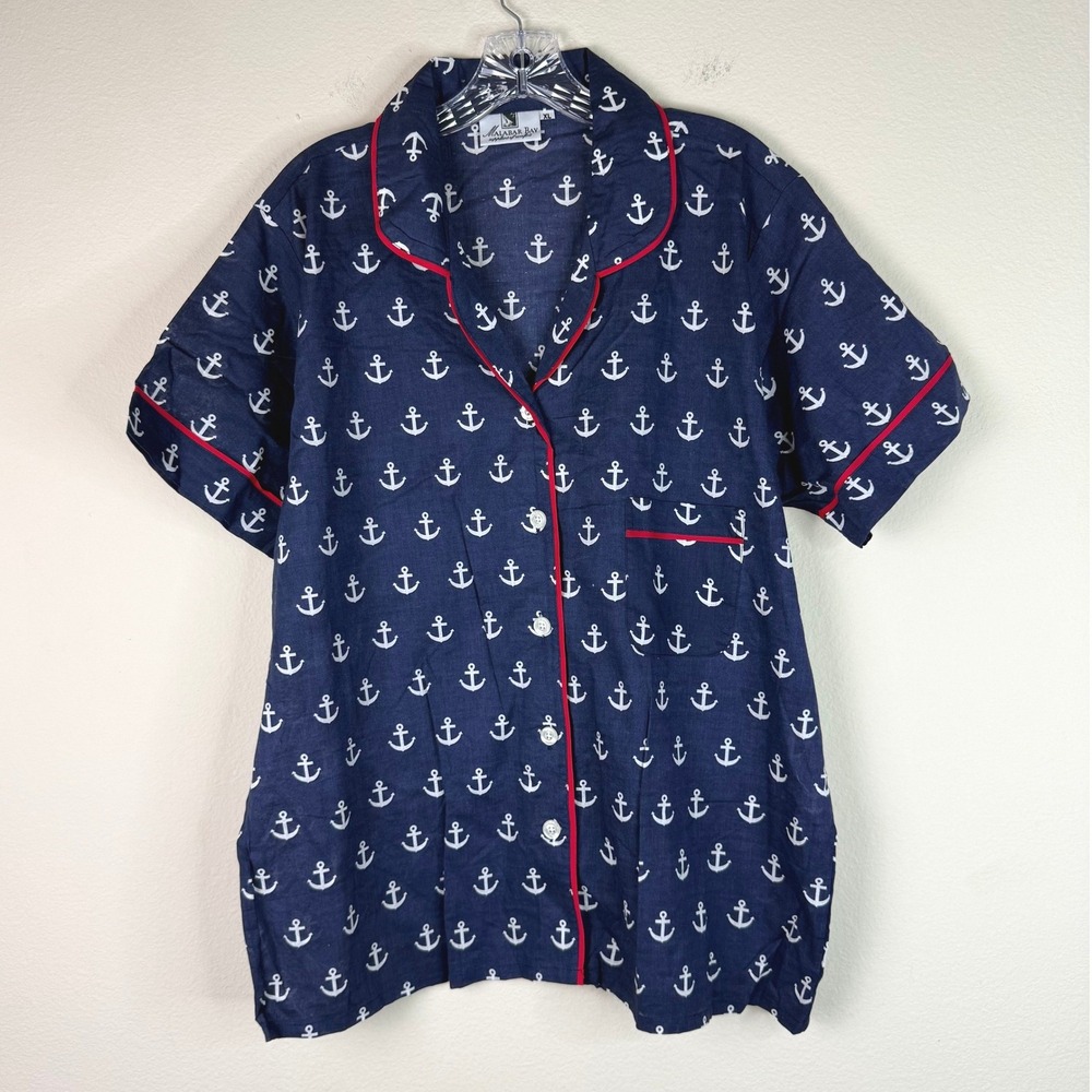 Malabar Bay Pajama Top Women XL Navy Blue Anchor Print Organic Cotton Nautical